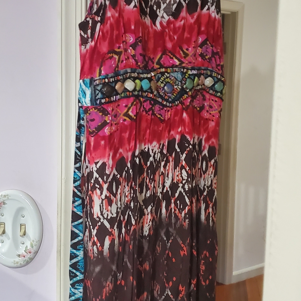 Womans colorful beaded waistline long dress